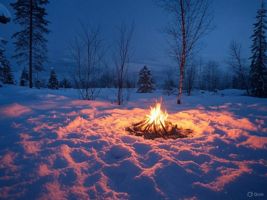 Campfire glowing in snowy forest under twilight sky.