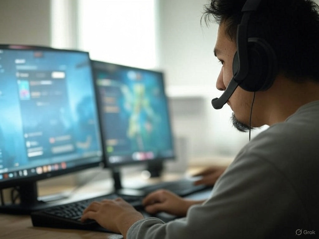 Game developer using Unity AI tools on dual monitors for immersive design.