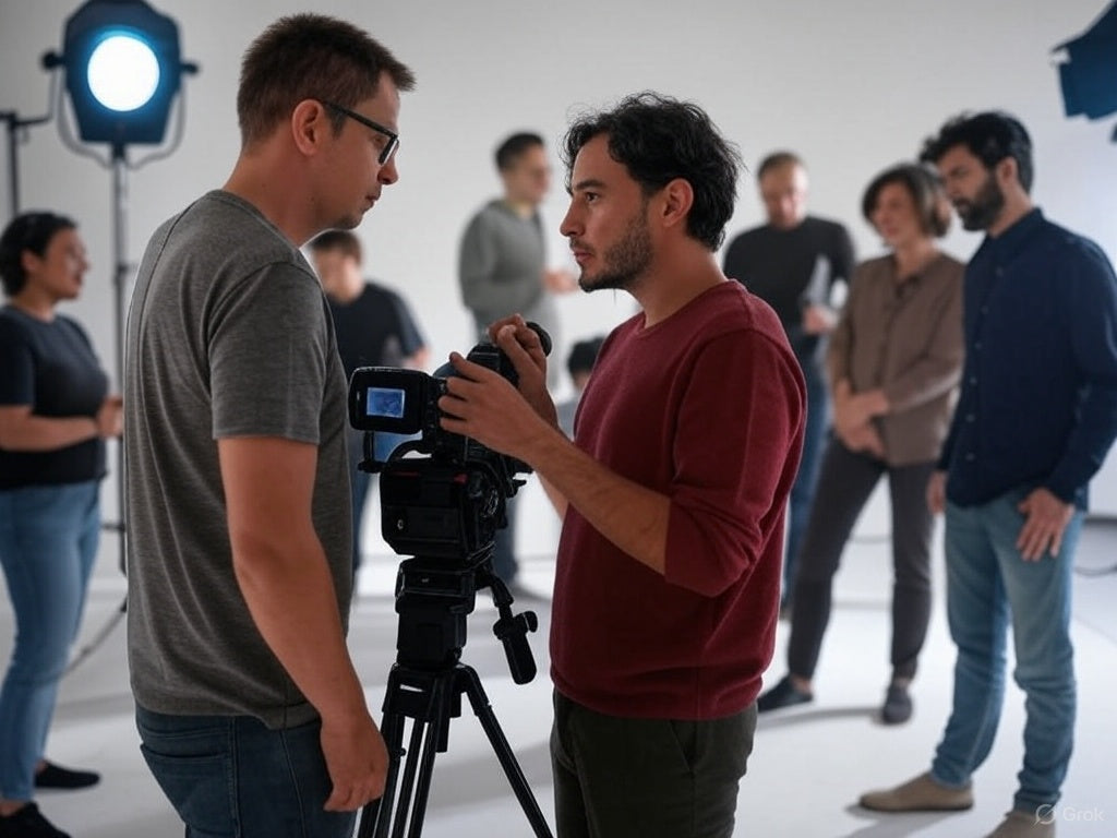 The image shows two men standing closely and having a serious discussion while operating a professional video camera on a tripod. They are in a studio setting with bright lighting, and several other people are blurred in the background.