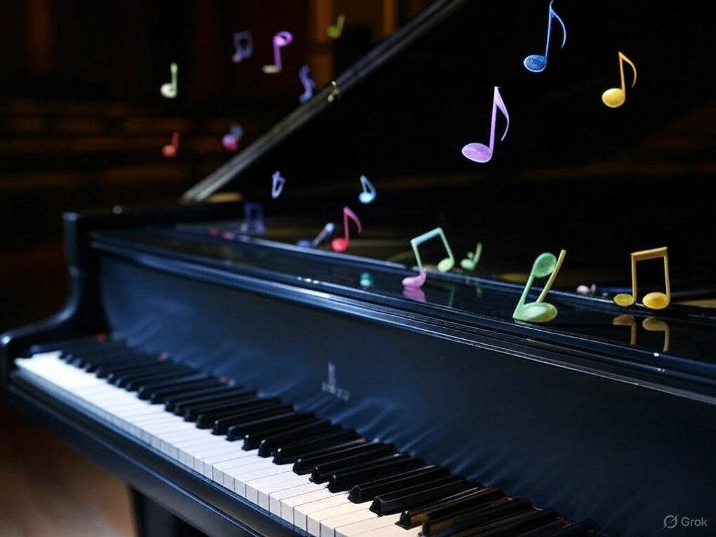 Colorful musical notes floating above a grand piano in a dimly lit room.