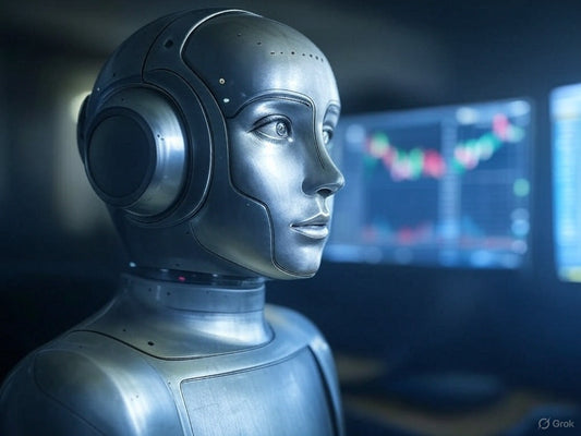 Futuristic AI trading bot analyzing stock market charts on screens.