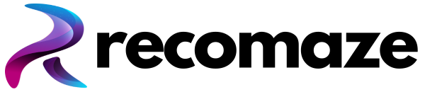 recomaze-logo med et farverigt designelement på en hvid baggrund