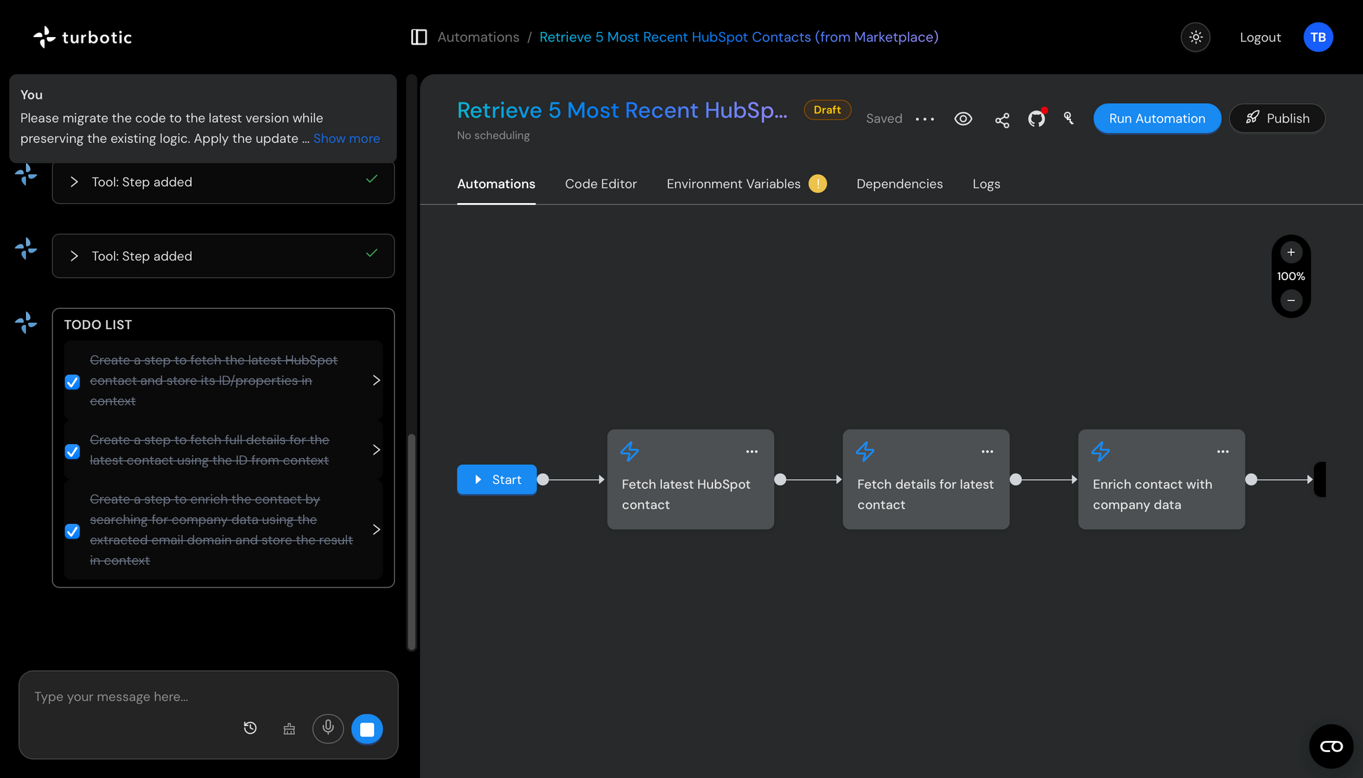 Интерфейс автоматизации рабочих процессов с этапами на темном фоне