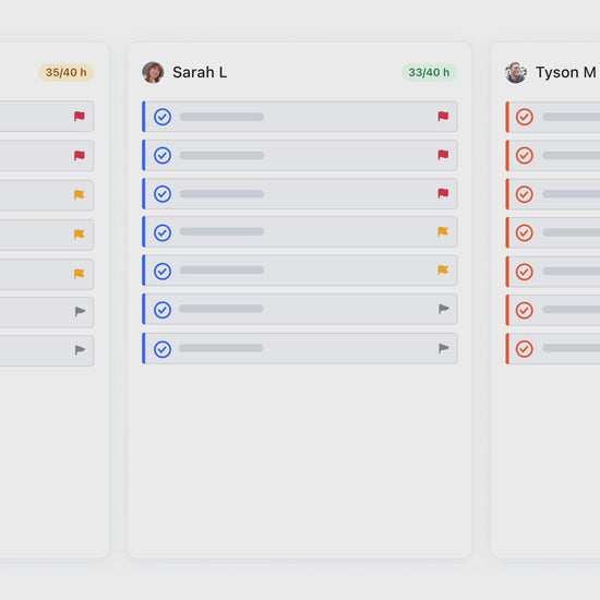 Motion AI Calendar Assistant and Scheduler - Custom Platform (Paid) Business and Personal AI dashboard showing task lists for users Nigel A, Sarah L, and Tyson M with color-coded priorities and total hours tracked.