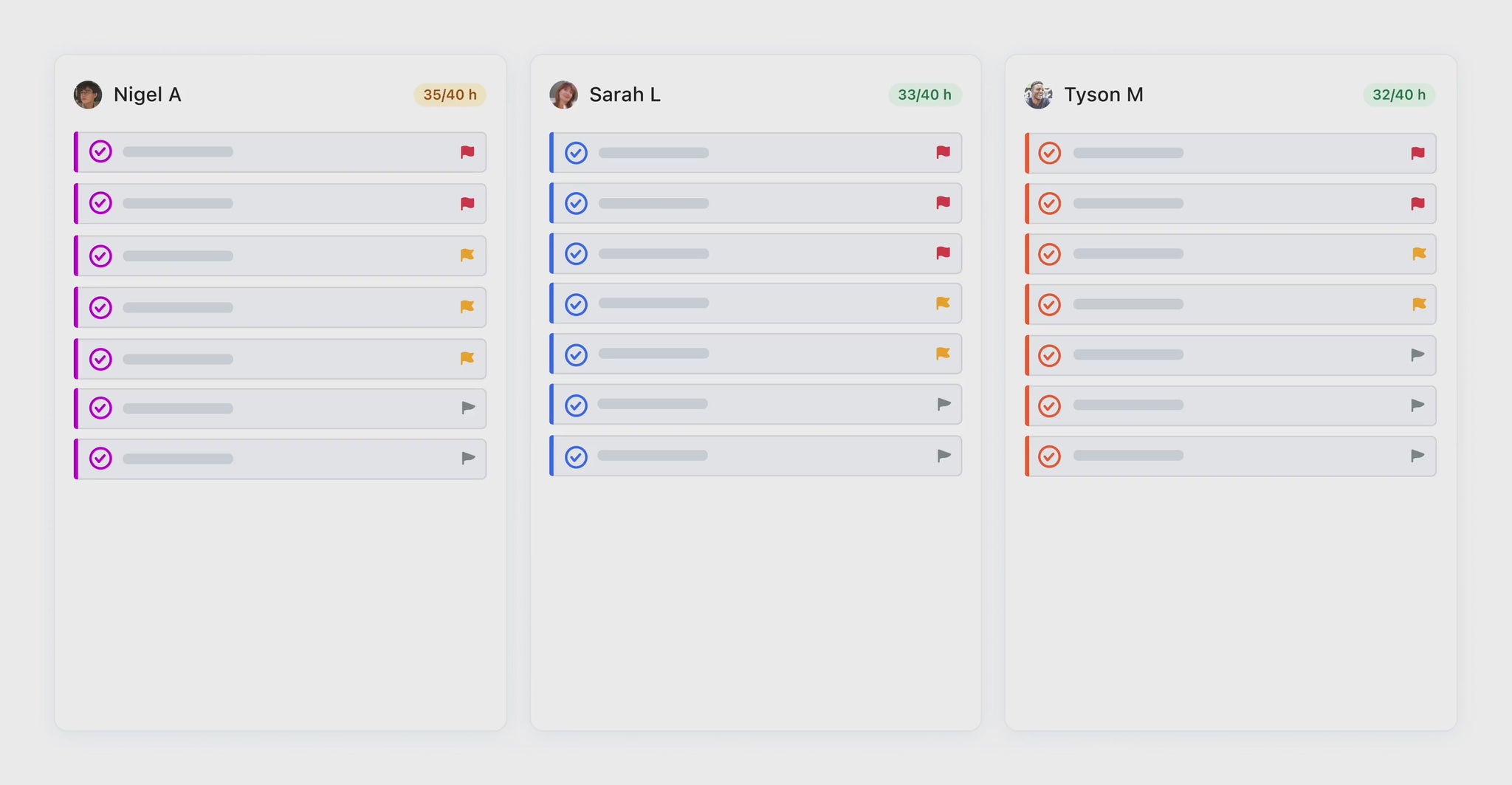 Motion AI Calendar Assistant and Scheduler - Custom Platform (Paid) Business and Personal AI dashboard showing task lists for users Nigel A, Sarah L, and Tyson M with color-coded priorities and total hours tracked.