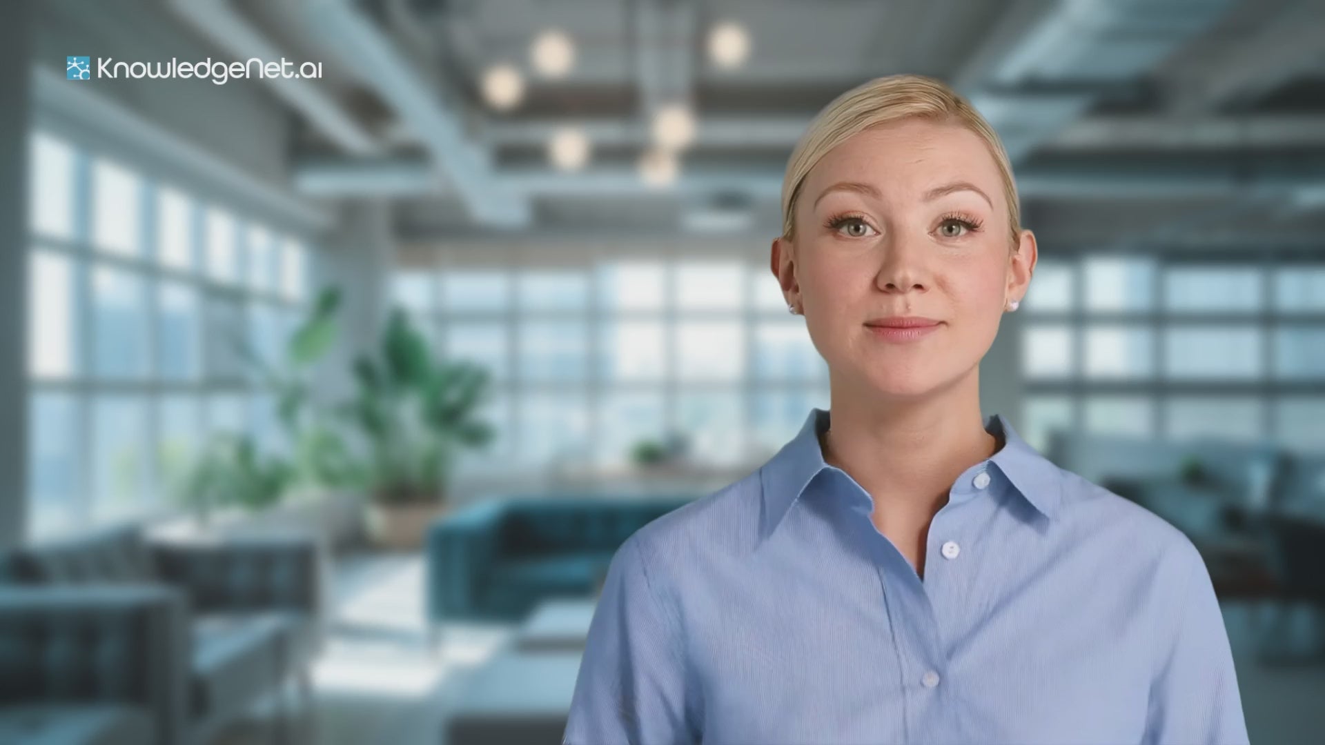 KnowledgeNet.ai Sales Leads Tools - Custom Platform (Paid) Business AI software interface with professional woman in modern office setting. Ideal for showcasing AI-driven sales tools for business intelligence.