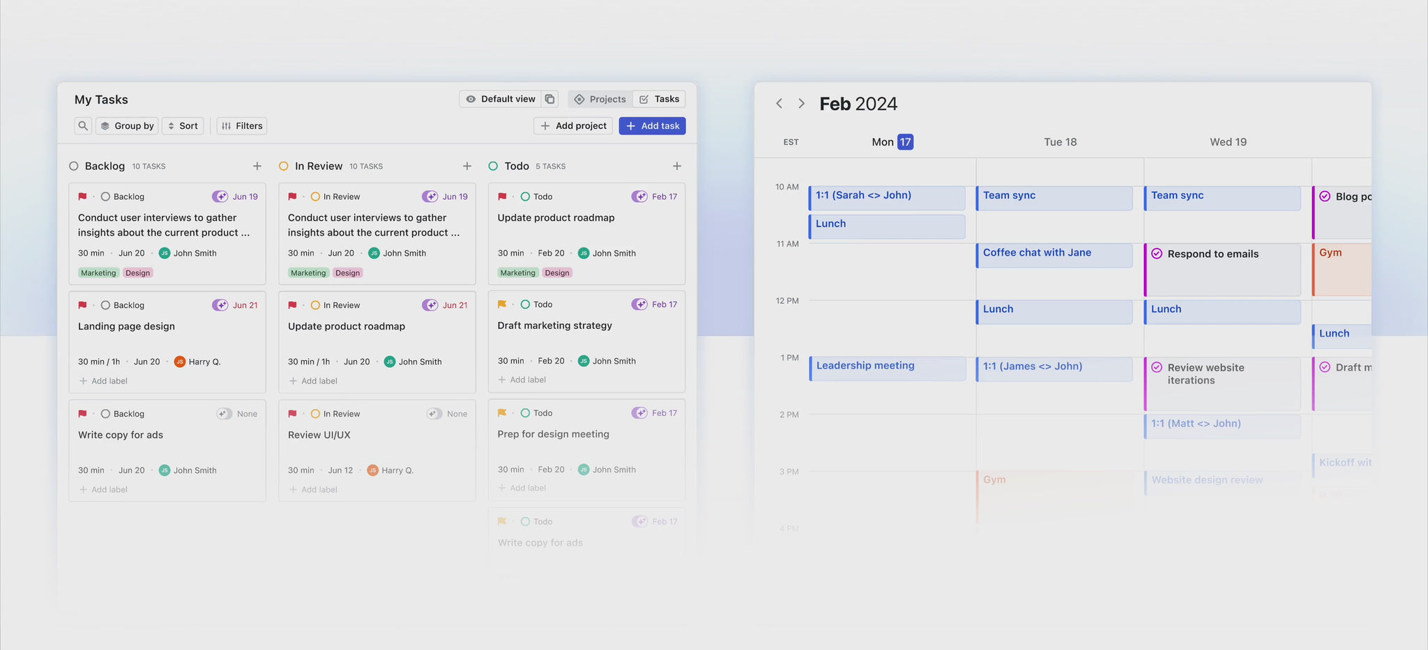 Motion AI Calendar Assistant and Scheduler - Custom Platform (Paid) Business and Personal AI interface showing task management and weekly calendar view. Ideal for automating meetings, syncing calendars, and improving productivity.