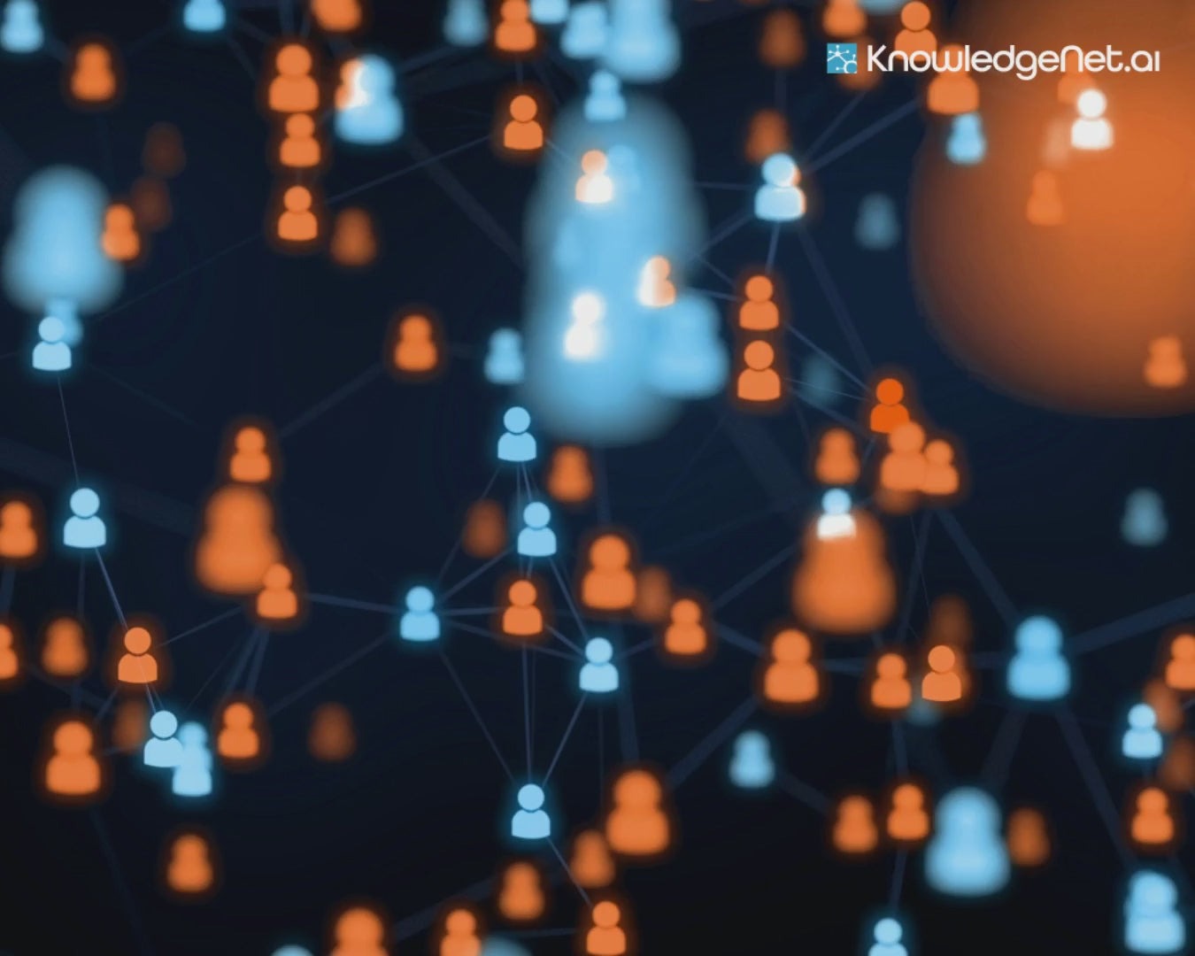 KnowledgeNet.ai Sales Leads Tools - Custom Platform (Paid) Business AI interface showing connected user icons in blue and orange, symbolizing AI-driven data networking and lead generation.
