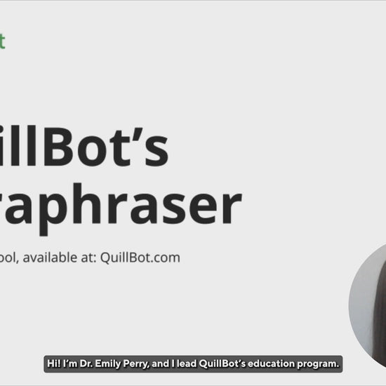 QuillBot AI Paraphraser - Custom Platform (Freemium) Business and Personal AI software interface with branding and spokesperson Dr. Emily Perry.
