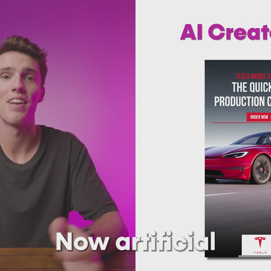 AdCreative.ai Ad Creator - Custom Platform (Freemium) Business AI software demo showing AI-generated Tesla ad creative with a red Model S and bold headline.