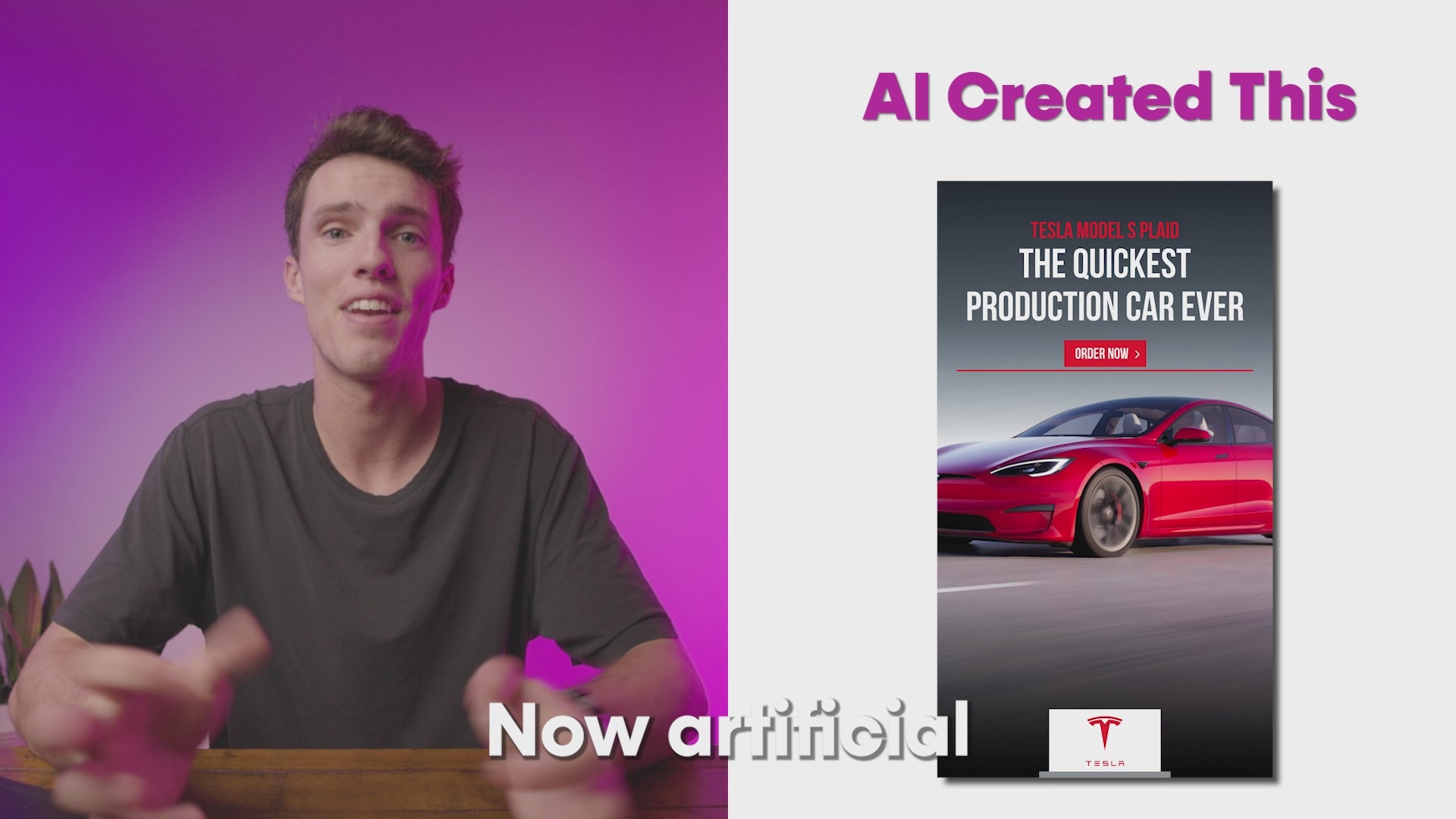 AdCreative.ai Ad Creator - Custom Platform (Freemium) Business AI software demo showing AI-generated Tesla ad creative with a red Model S and bold headline.